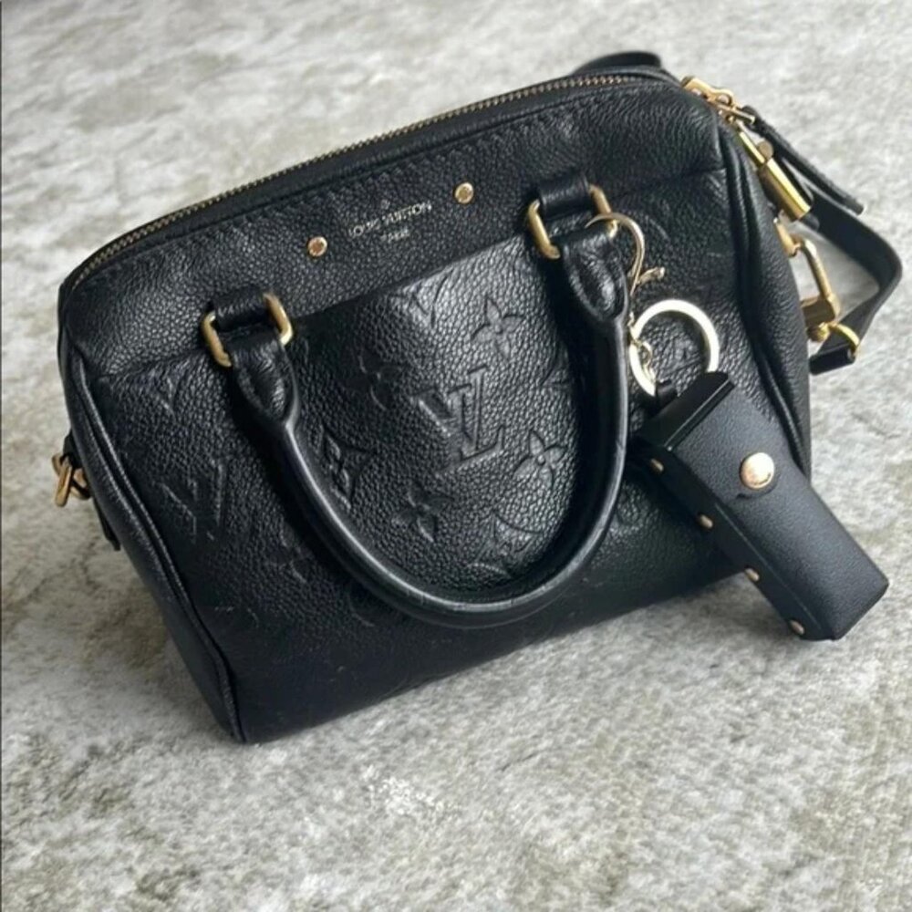 The Hanna Small black faux vegan leather gold studded keychain for chapstick